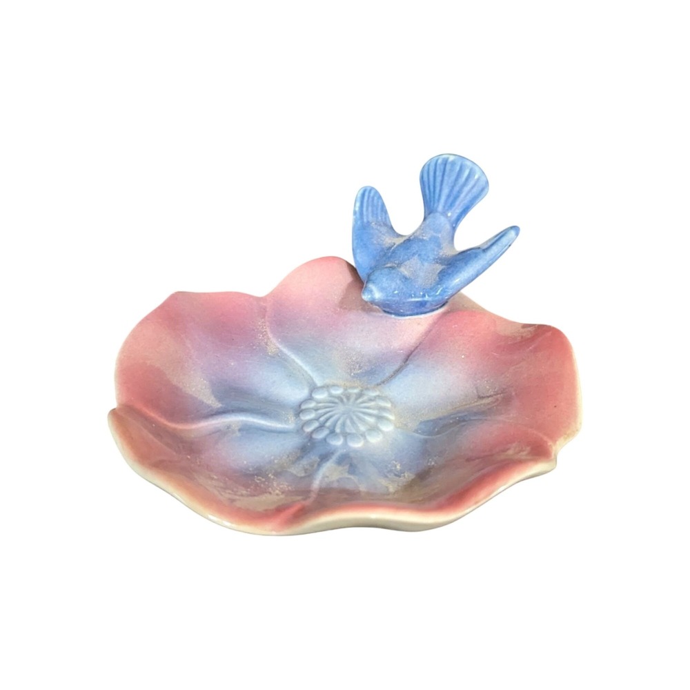 Royal Copley Vintage Ceramic Bird on Flower Trinket Dish Pink Blue Art‎ Pottery